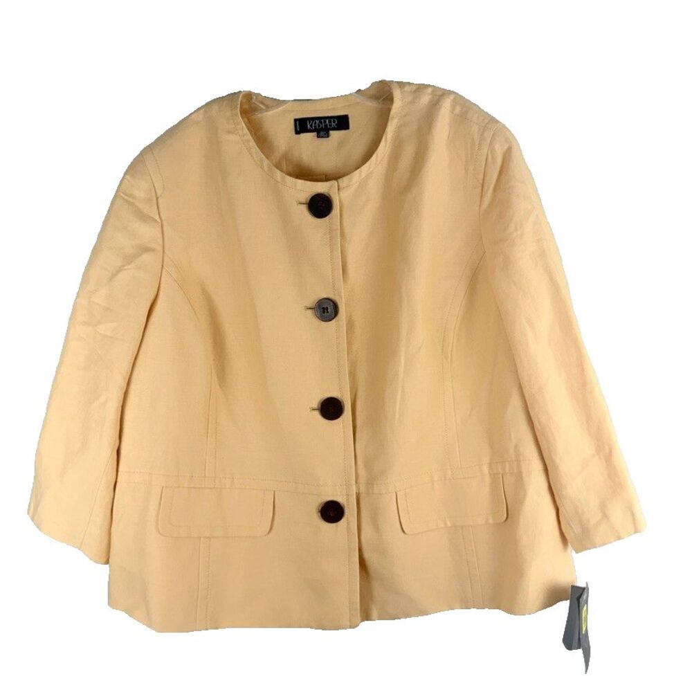 New KASPER Womens 22W Button Yellow Blazer Linen Blend Professional Minimalist